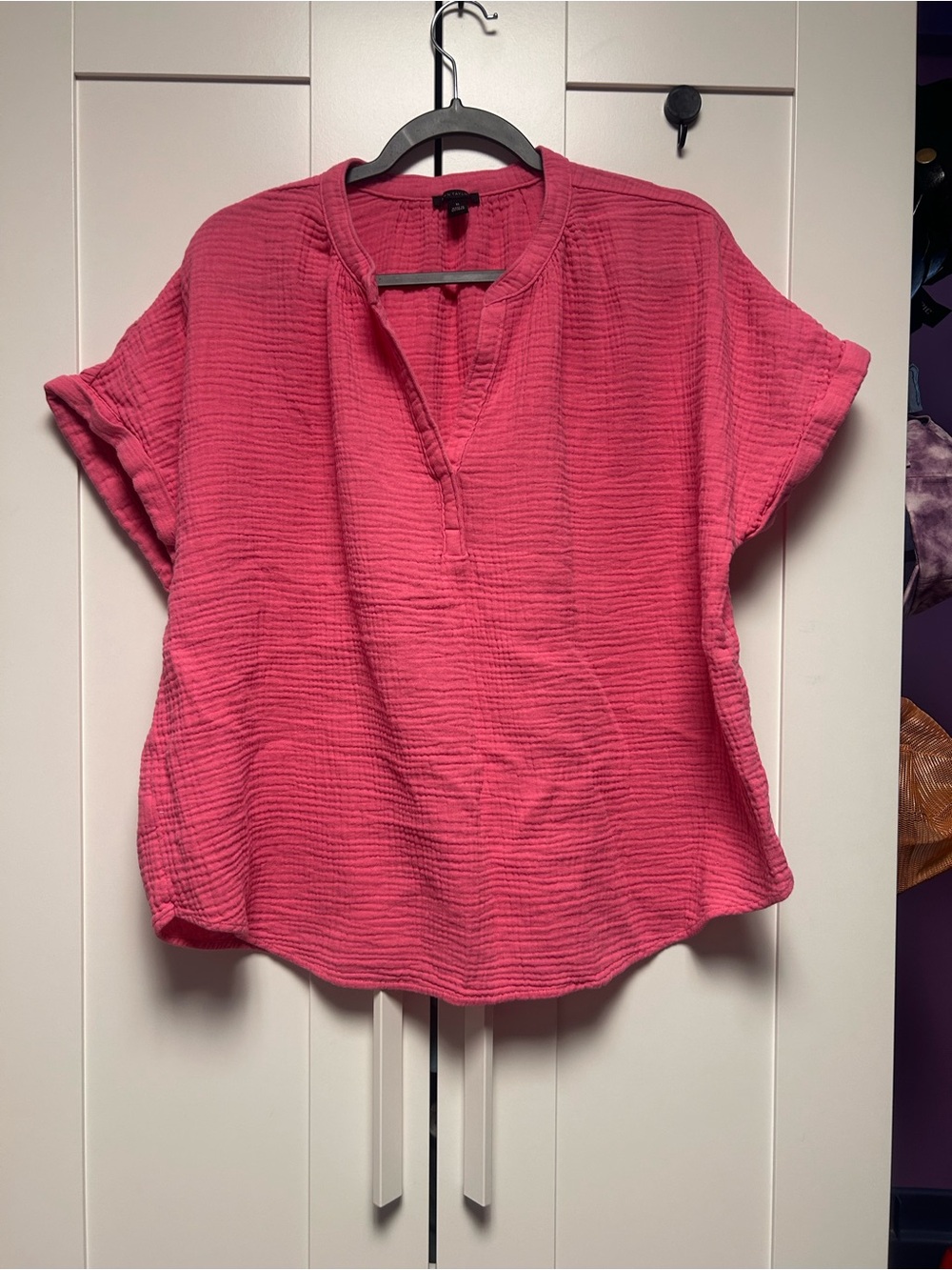 Ann Taylor Hot Pink Gauze Split-Neck Tunic